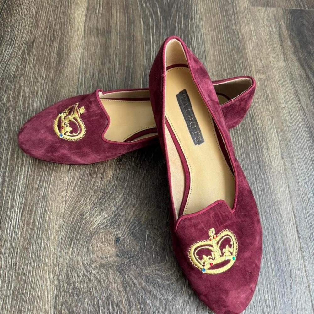 Burgundy velvet slip-on loafers with gold crown embroidery. New.